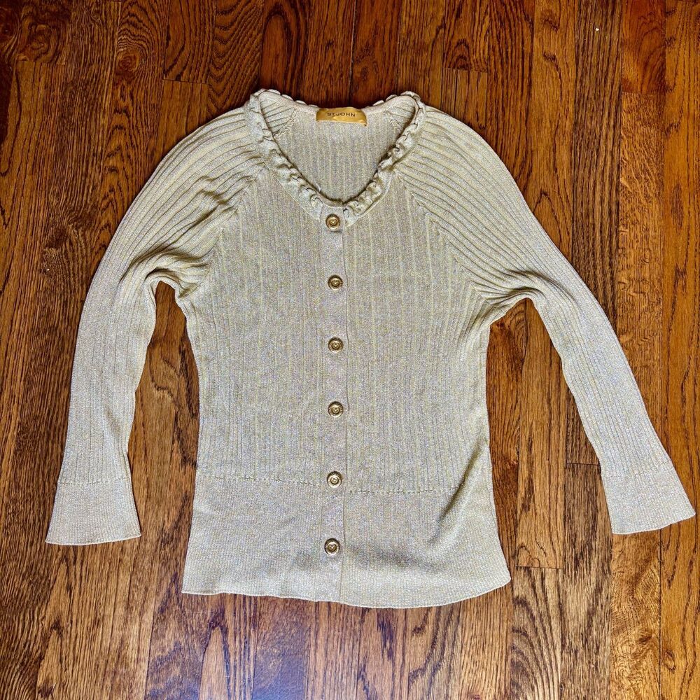 St. John Gold Metallic Lightweight Ribbed Knit Cardigan Ruffle Collar Sz 1